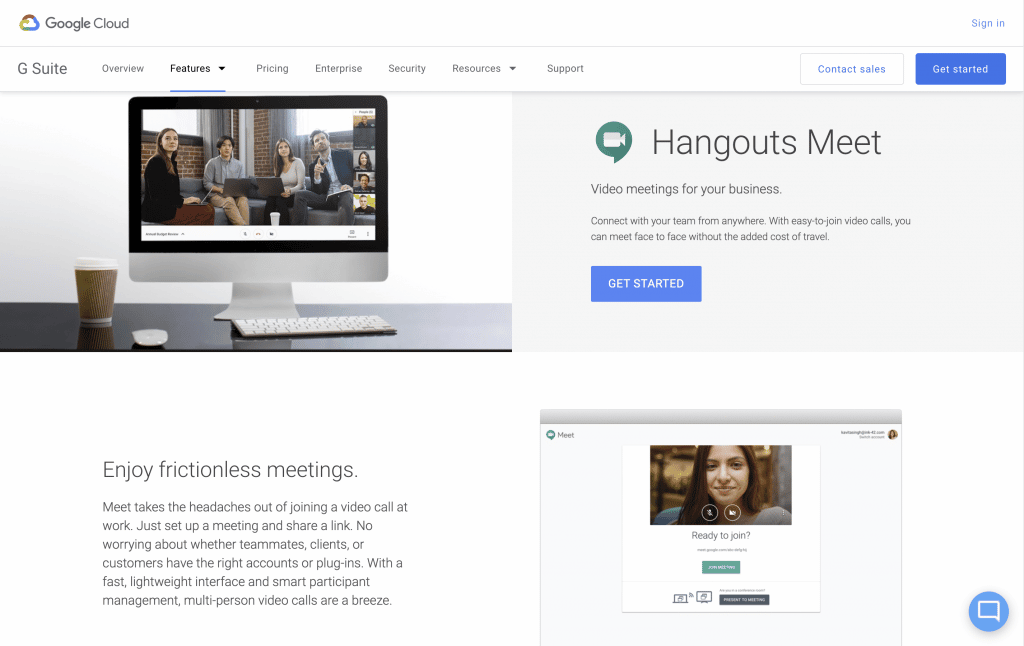 Picture showing the Google Hangout website - work from home tools