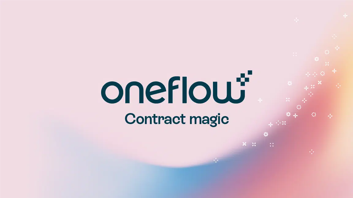 Oneflow logo on pink and blue gradient background. Be more effective with digital contracts that make work faster, and life easier. 