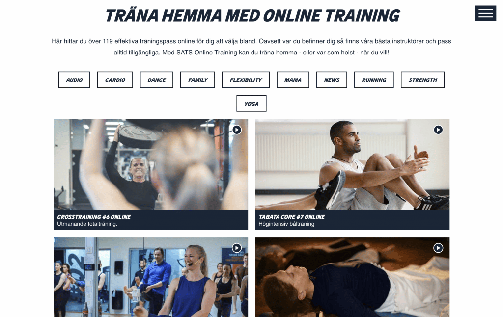 Pictures showing Stockholm-based gym SATS website where people are working out. work from home tools