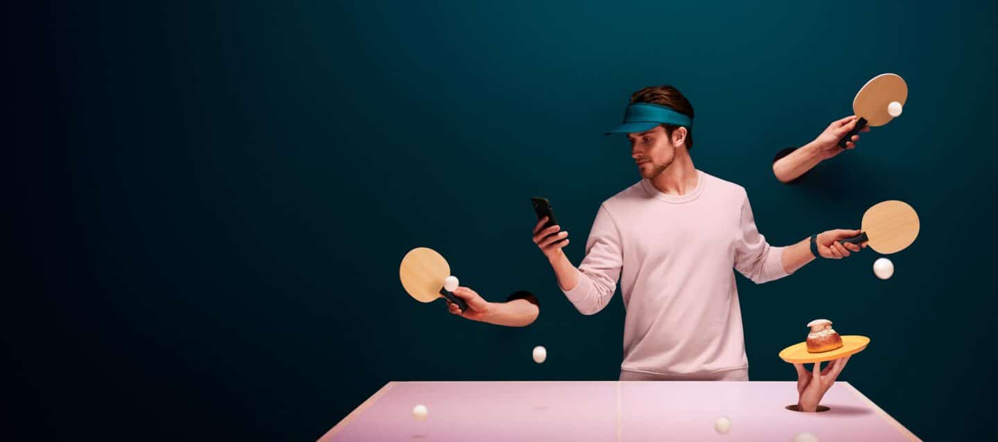 Table tennis player with extra arms and bats - remote recruitment