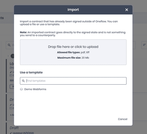 Use a template when importing a contract - oneflow updates 2021