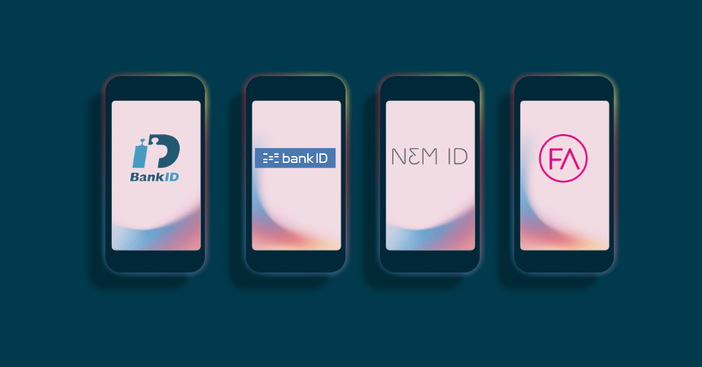 Signere dokumenter med bankid. Bildet viser mobiltelefoner og ikoner på svenske BankID, Norsk BankID, danske NemID og finske FTN (finsk tillitsnettverk),