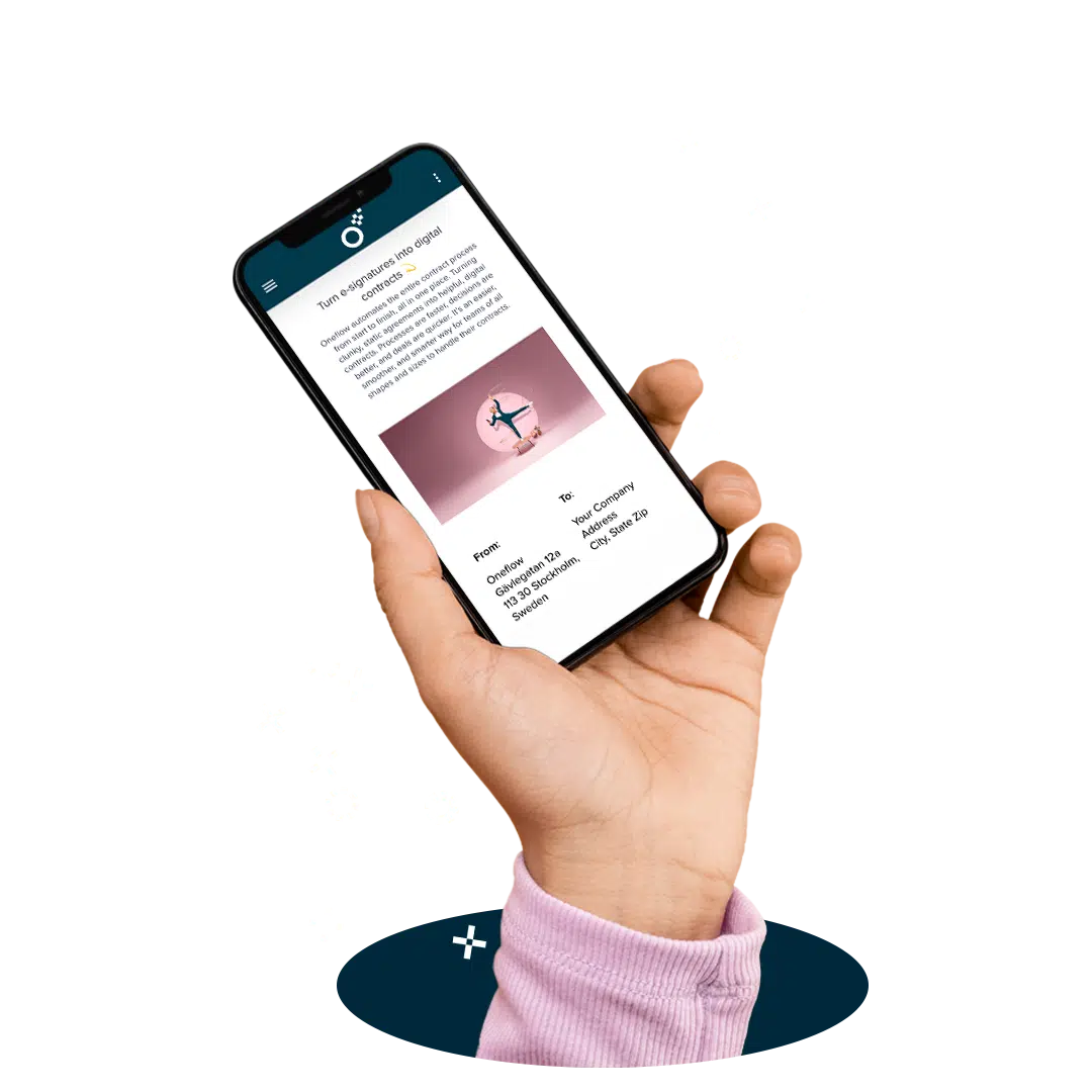 Oneflow's contract can be opened and signed on mobile devices. Images shows a hand holding a phone wth a Oneflow contract.