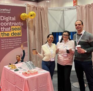 Lydiana, Una and Victor at the Oneflow stand at the Sales Innovation Expo