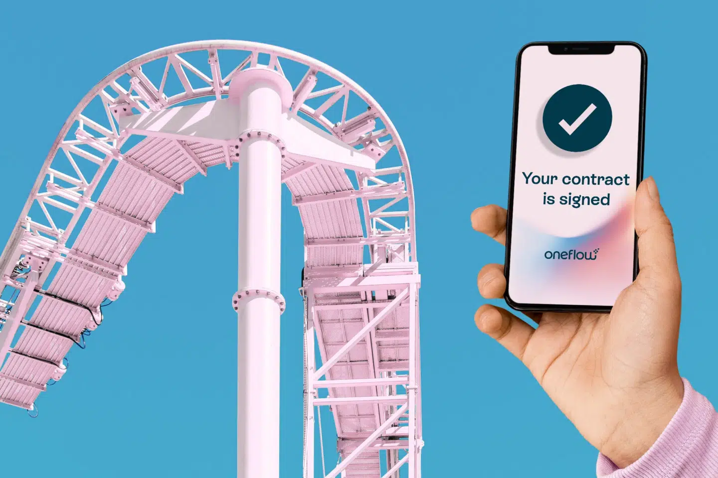 Hand on right holding mobile displaying Oneflow logo and text "your contract is signed" next to pink rollercoaster - blog on history of the signature