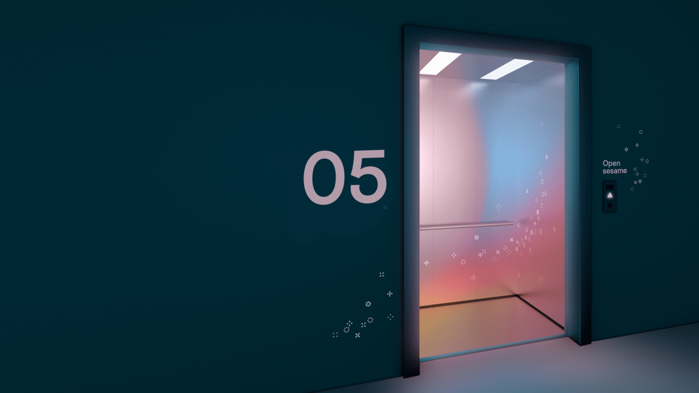 Elevator with Oneflow pink and sparkles inside with Oneflow green colours outside and 05 on the wall - blog on top 10 best AI writing tools for 2023