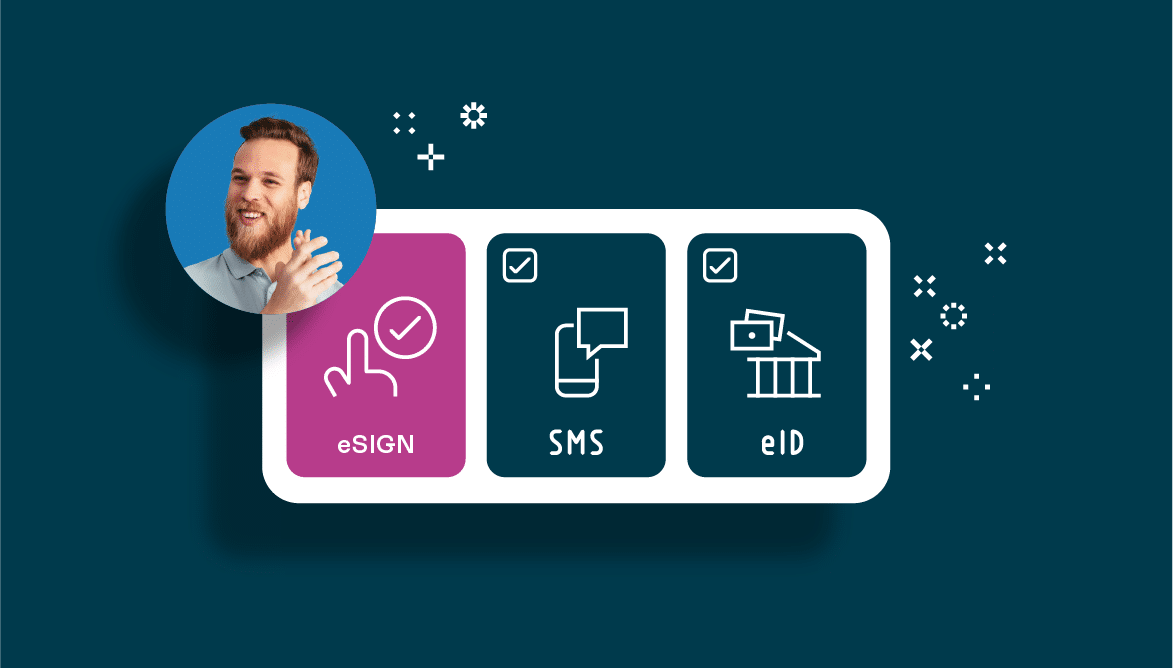 Image showing happy man and blocks showing "eSIGN", "SMS" and "eID" - blog on how electronic signatures can benefit hybrid workers