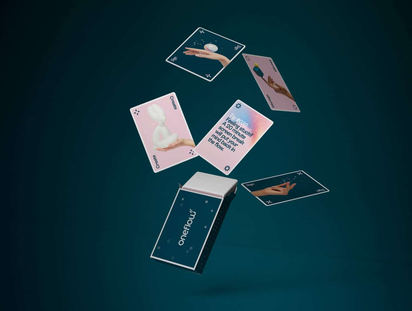 Deck of cards with Oneflow branding on dark green background – blog on how Oneflow can help your start-up