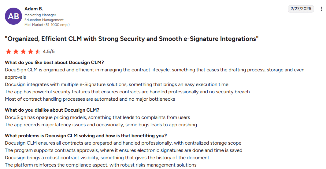 6 HR document management software tools tested and compared 6 Docusign CLM review highlighting security - storing documents in one secure location, ensuring compliance