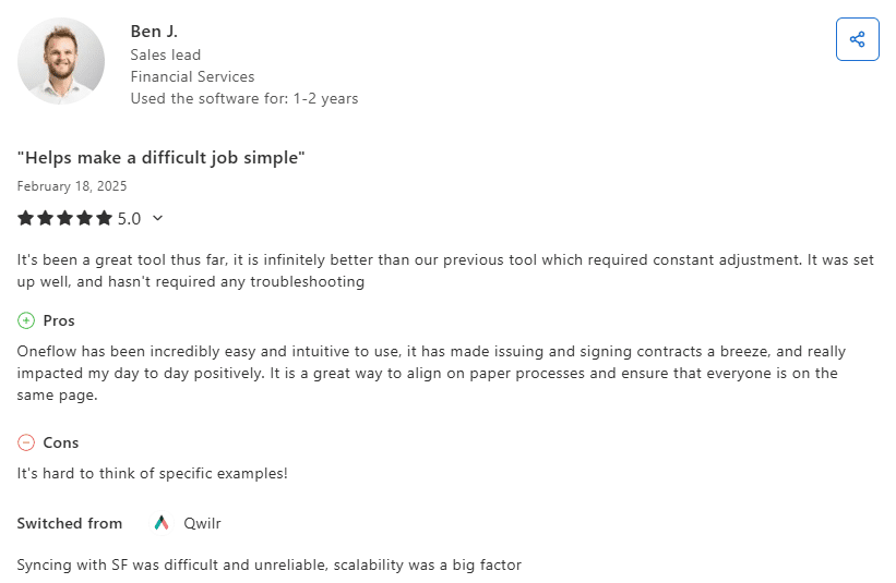 6 HR document management software tools tested and compared 2 Oneflow review showing key benefits, like how it streamlines processes with a centralized system