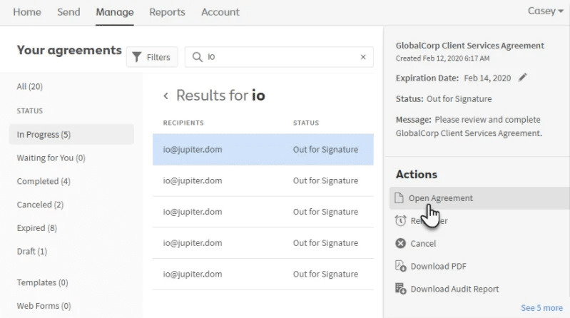 HubSpot contract management: A screenshot of the Adobe Sign dashboard