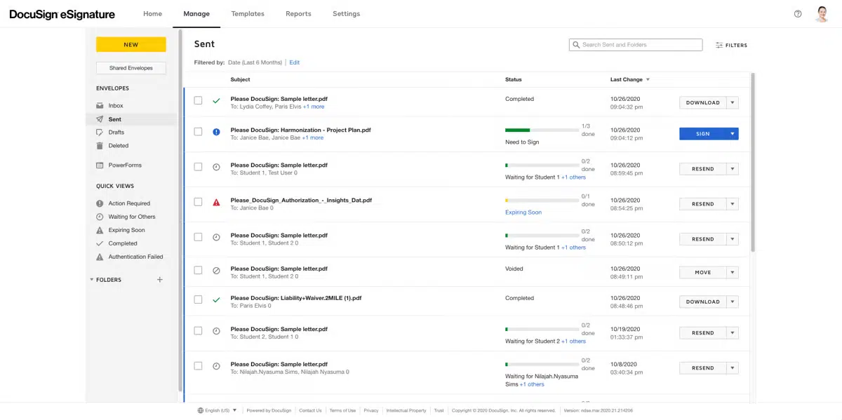 A screenshot of the Docusign dashboard