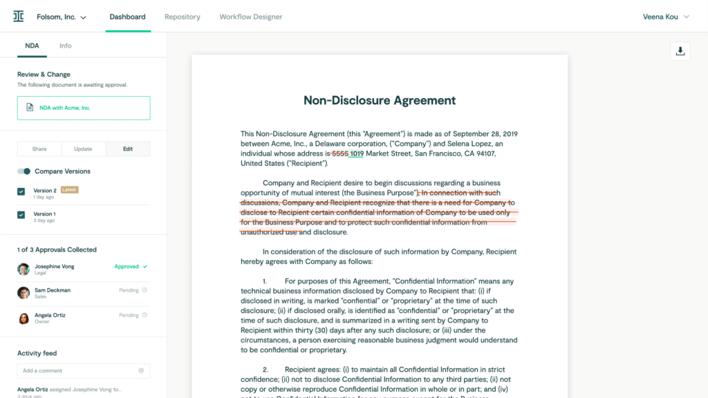 Salesforce document management integration: A screenshot of Ironclad document dashboard