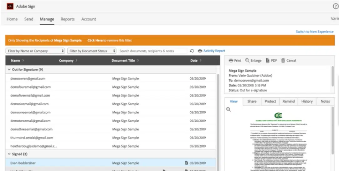 HubSpot eSignature: A screenshot of the Adobe Acrobat Sign dashboard
