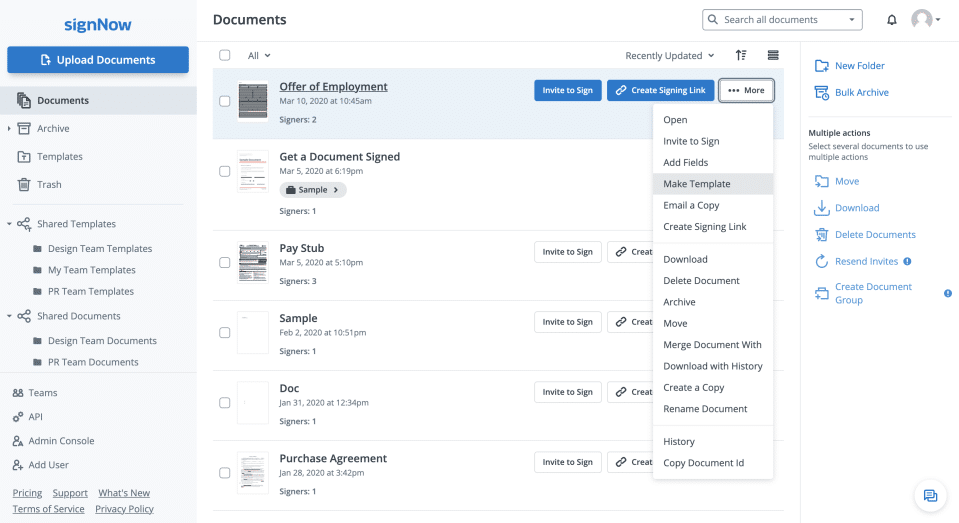 HubSpot eSignature: A screenshot of the SignNow dashboard