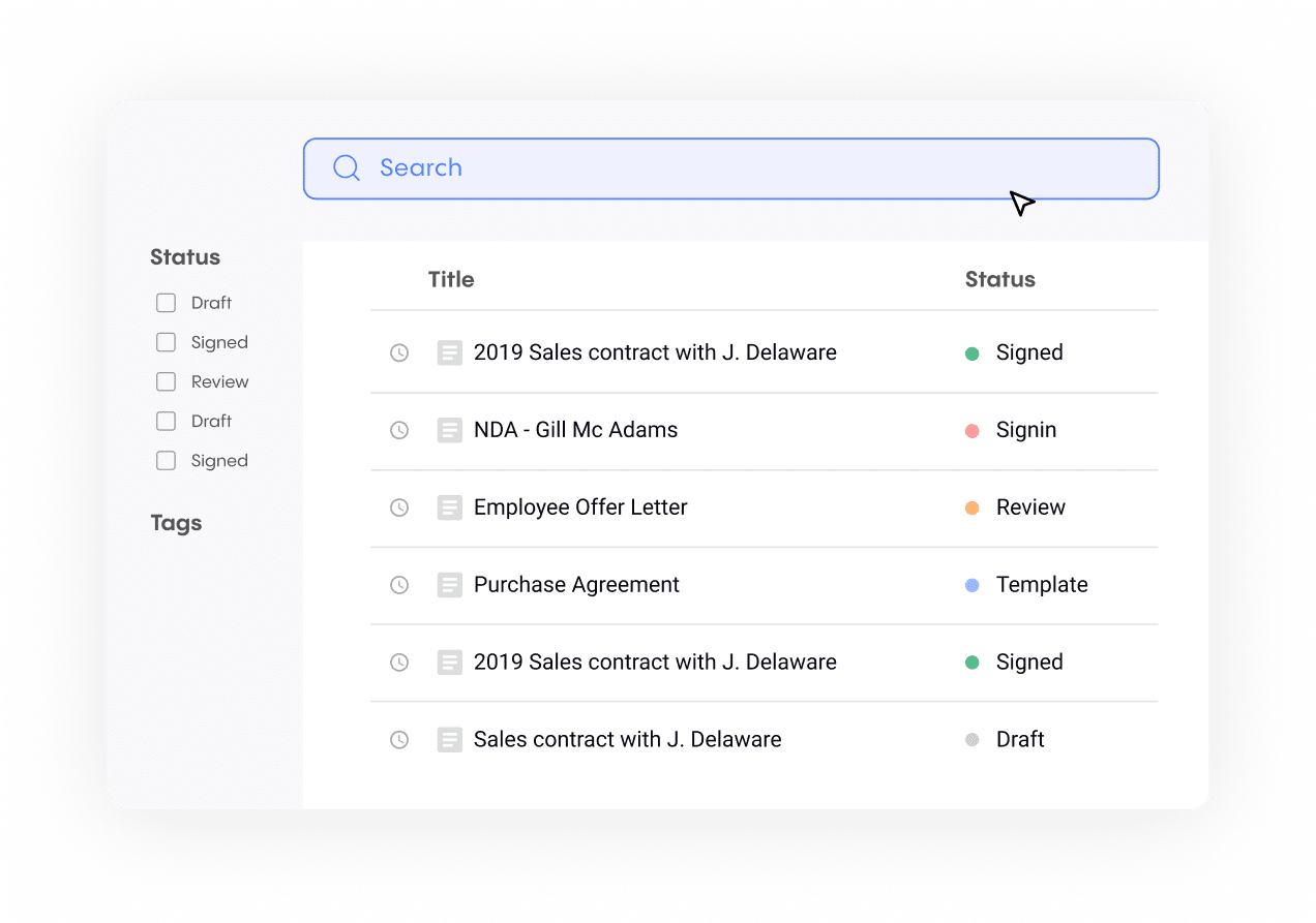 A screenshot of the Concord dashboard supporting documents status filtering