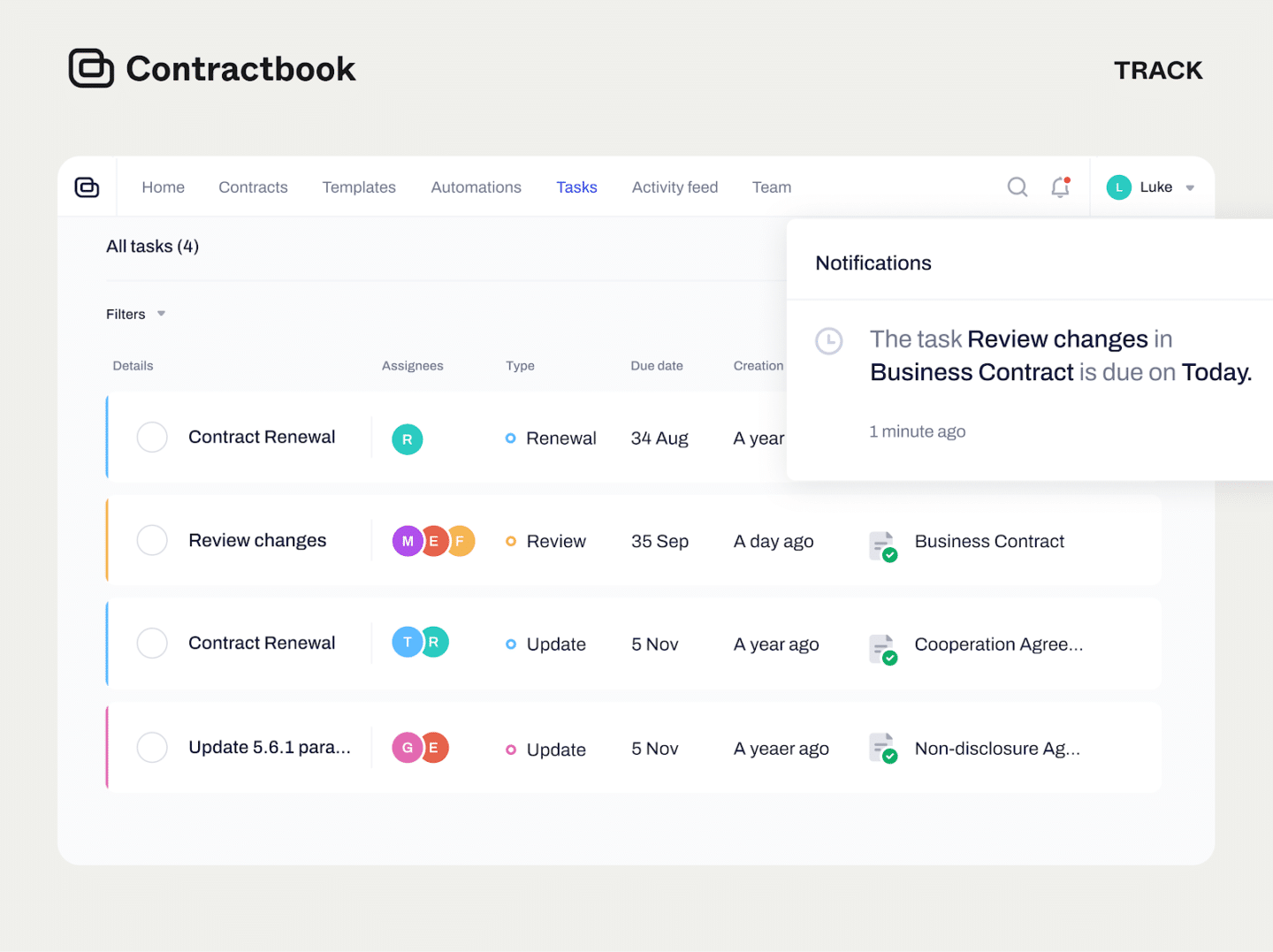 Contractbook contract management tasks list