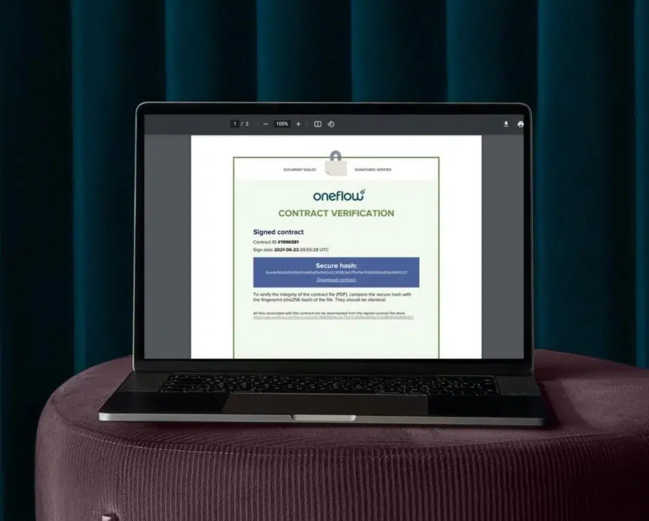 Are electronic signatures legally binding? Laws, requirements and exceptions 3 Oneflow contract verification showing the qualified electronic seal confirming the validity of an electronic signature