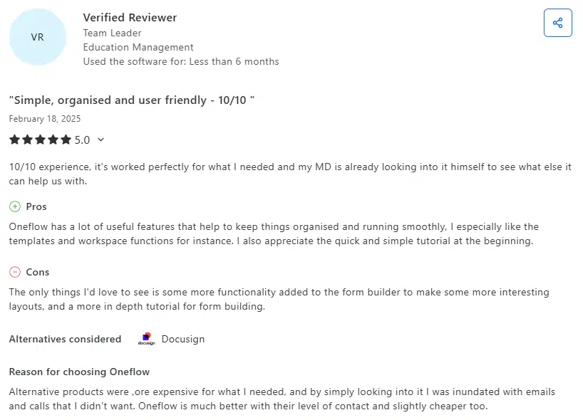 Oneflow (GetAccept alternative) user opinion proving customer success