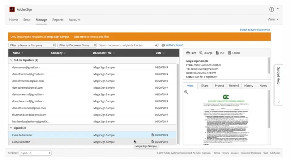 A screenshot of Adobe Sign dashboard
