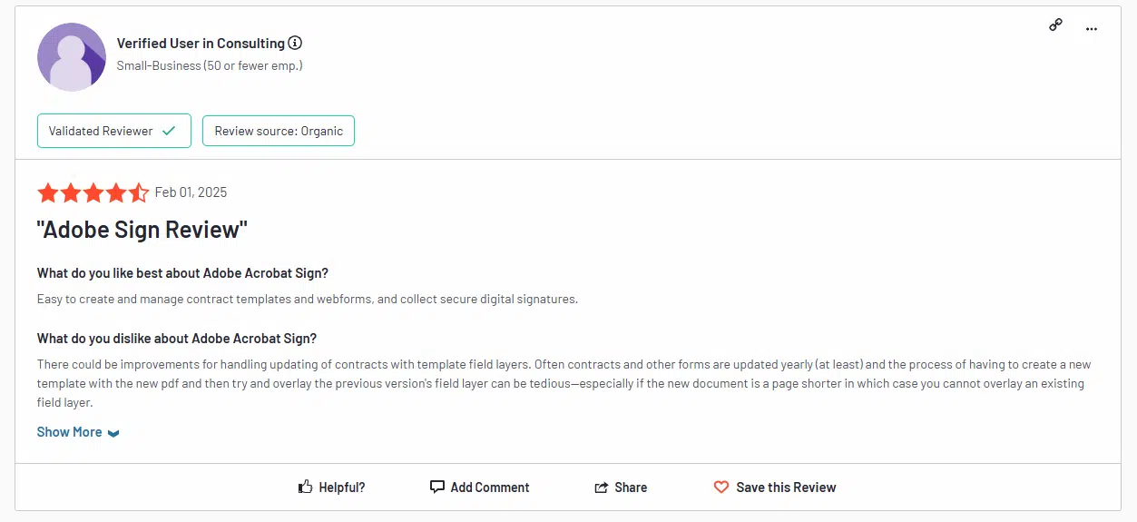 A screenshot from G2 showing an opinion on Adobe electronic signature software