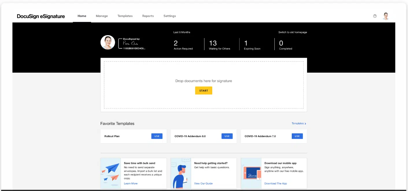 Electronic signature software: A screenshot of Docusign's dashboard