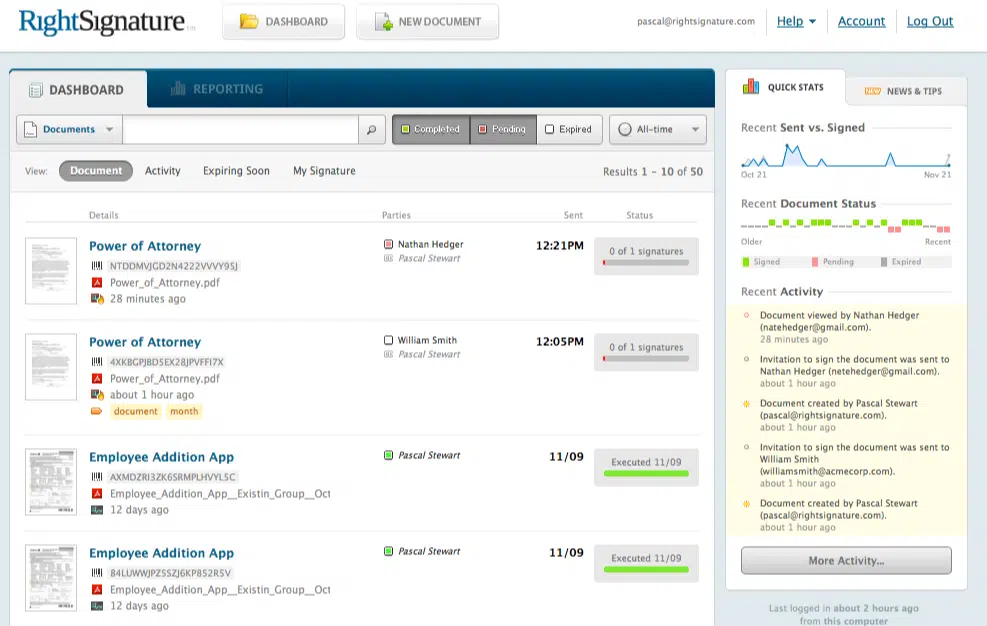 A screenshot of the RightSignature dashboard