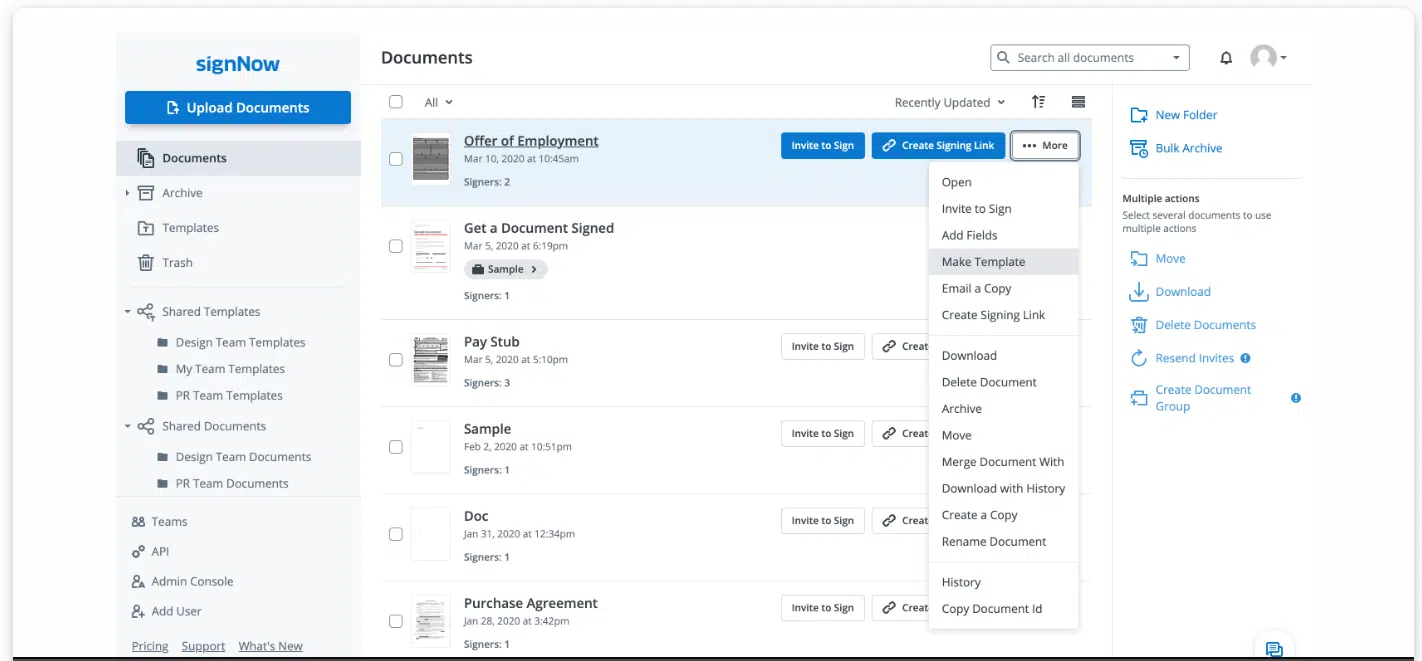 A screenshot of the SignNow dashboard