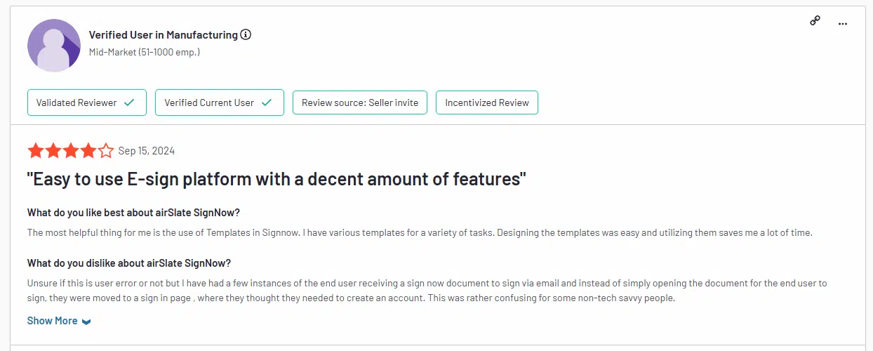 A screenshot from a review site showing a user's opinion