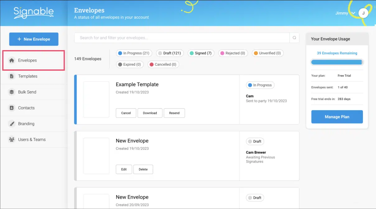 A screenshot of the Signable dashboard