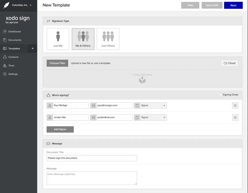 A screenshot of the Xodo Sign dashboard