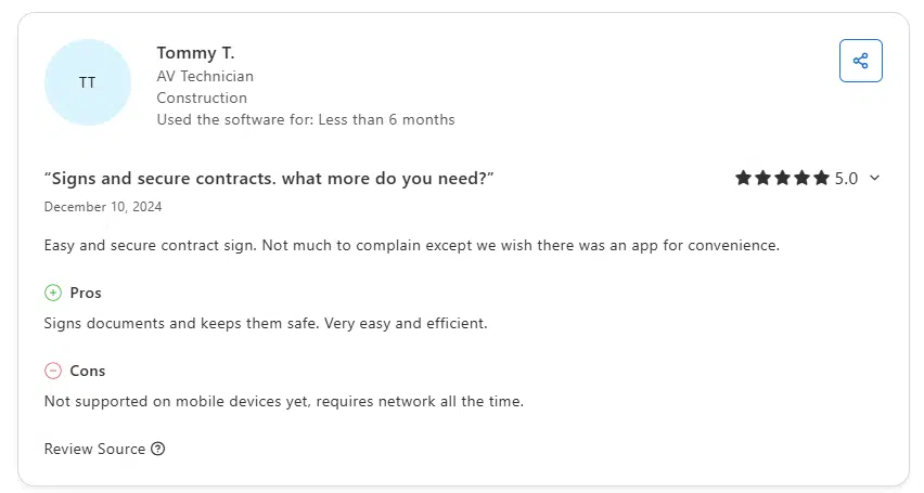 A screenshot from a Capterra showing an opinion on Signable electronic signature software.