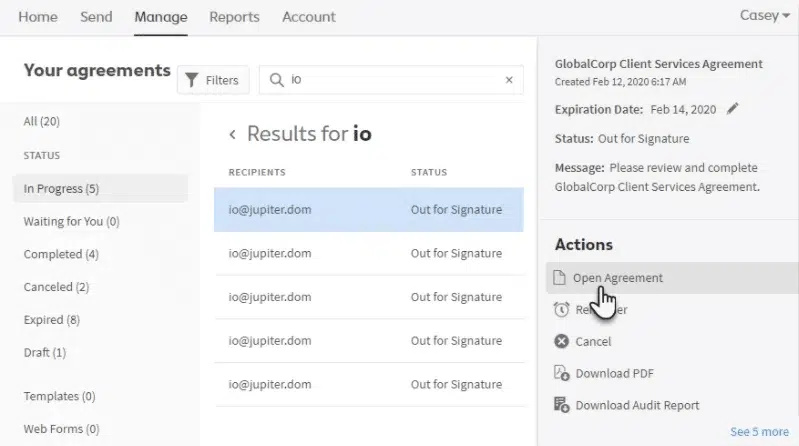 Best Salesforce contract management software in 2026 6 E-signature Salesforce integration: A screenshot of Adobe Acrobat Sign dashboard