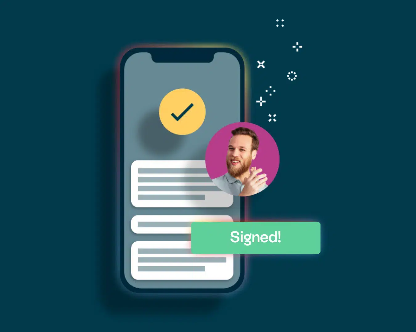 A phone with a checkmark and an avatar photo showing that electronic and digital signatures help you sign documents easily. 