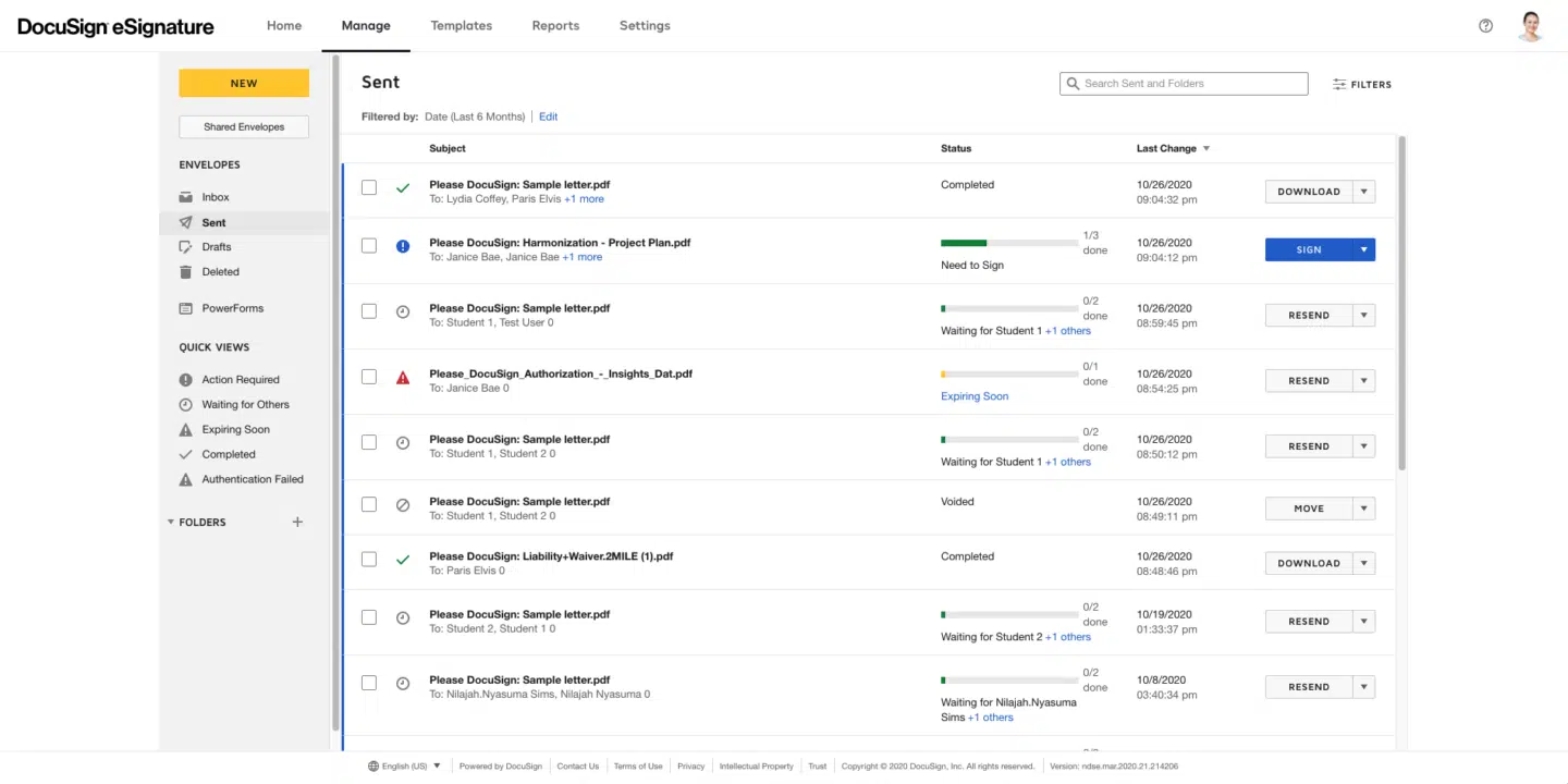 Docusign review: A screenshot of the Docusign dashboard