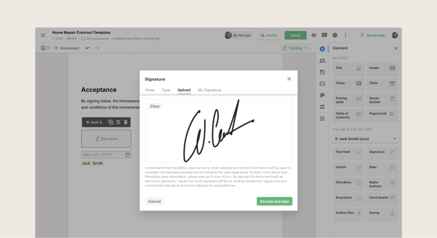 A screenshot of the PandaDoc e-signature tool