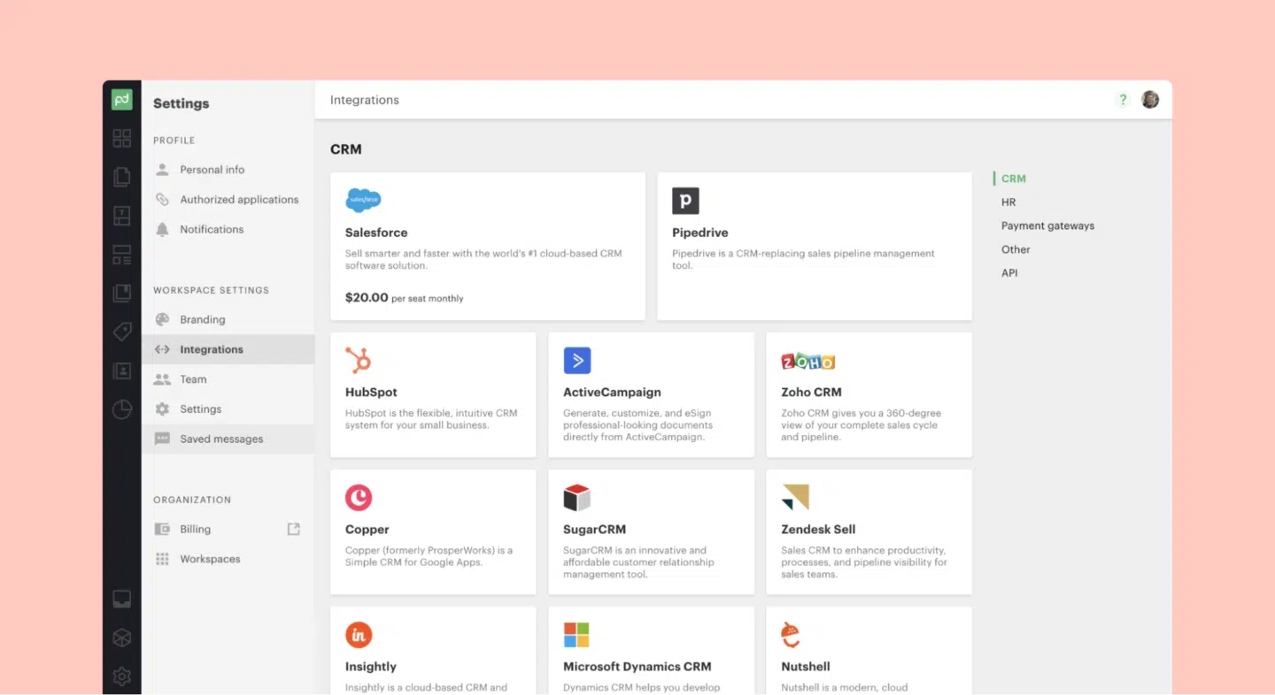 A screenshot of the PandaDoc integrations