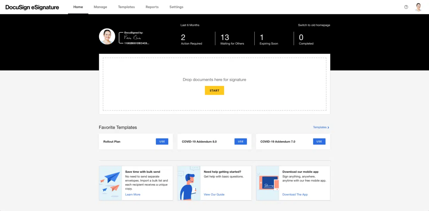 Docusign review: A screenshot of the Docusign dashboard