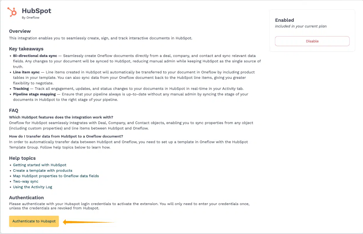 HubSpot integration in the marketplace