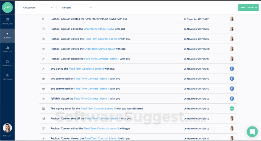 A screenhot of Juro contract management platform dashboard