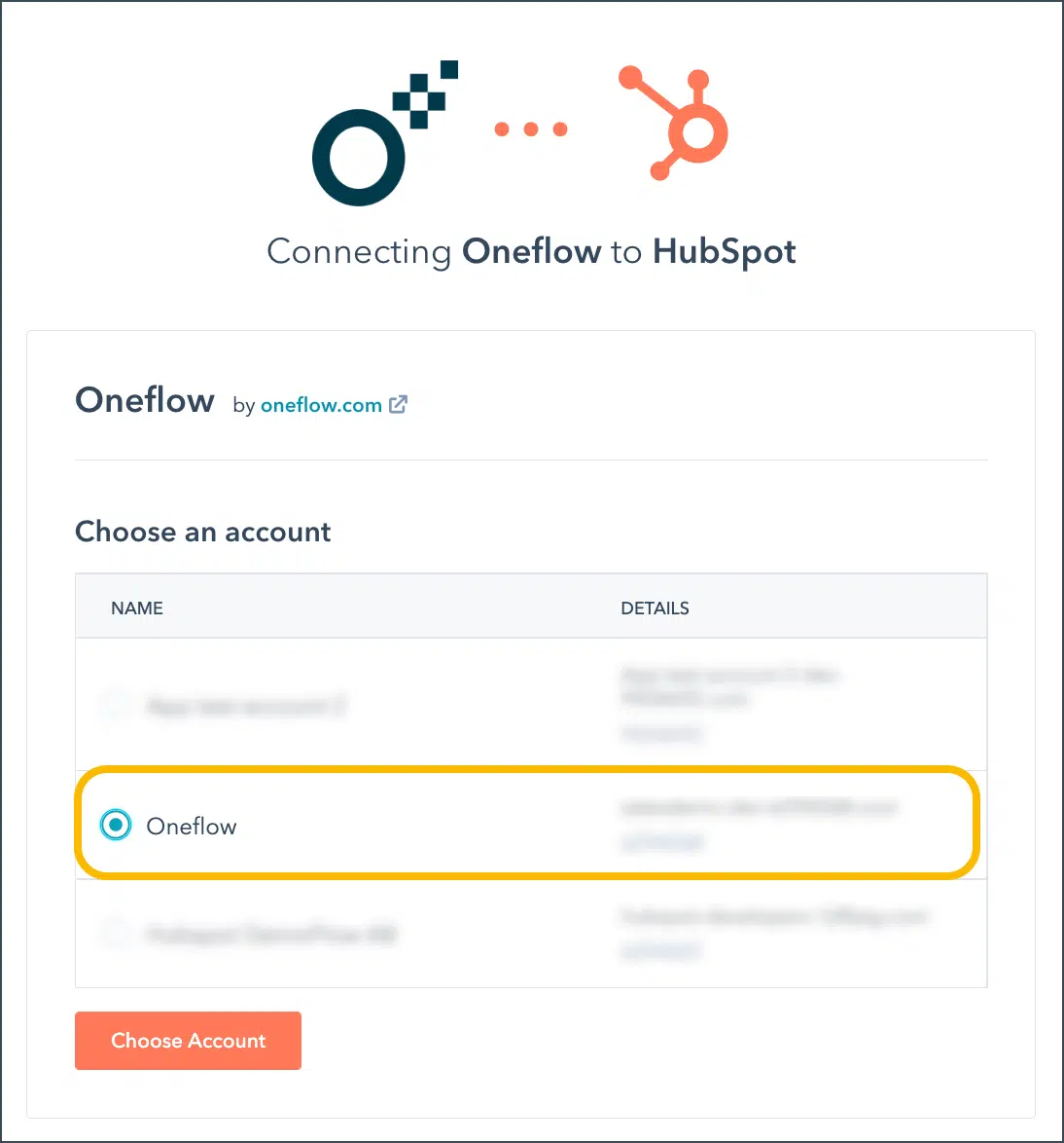 Oneflow-HubSpot integration setup screen