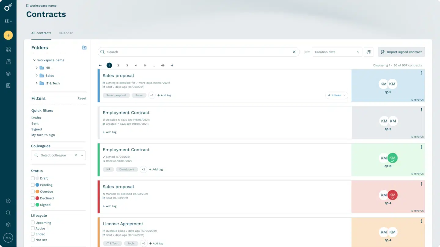 Oneflow’s dashboard with easy access to your every contract.