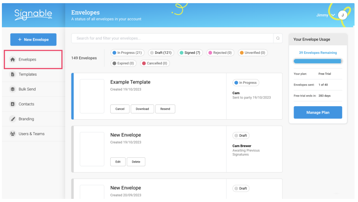 Adobe Sign alternatives: A screenshot of Signable dashboard