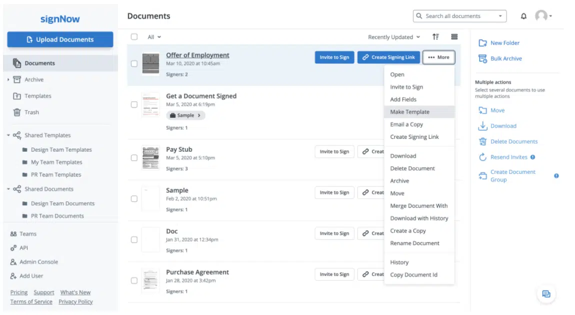 Digital signature API: The SignNow dashboard
