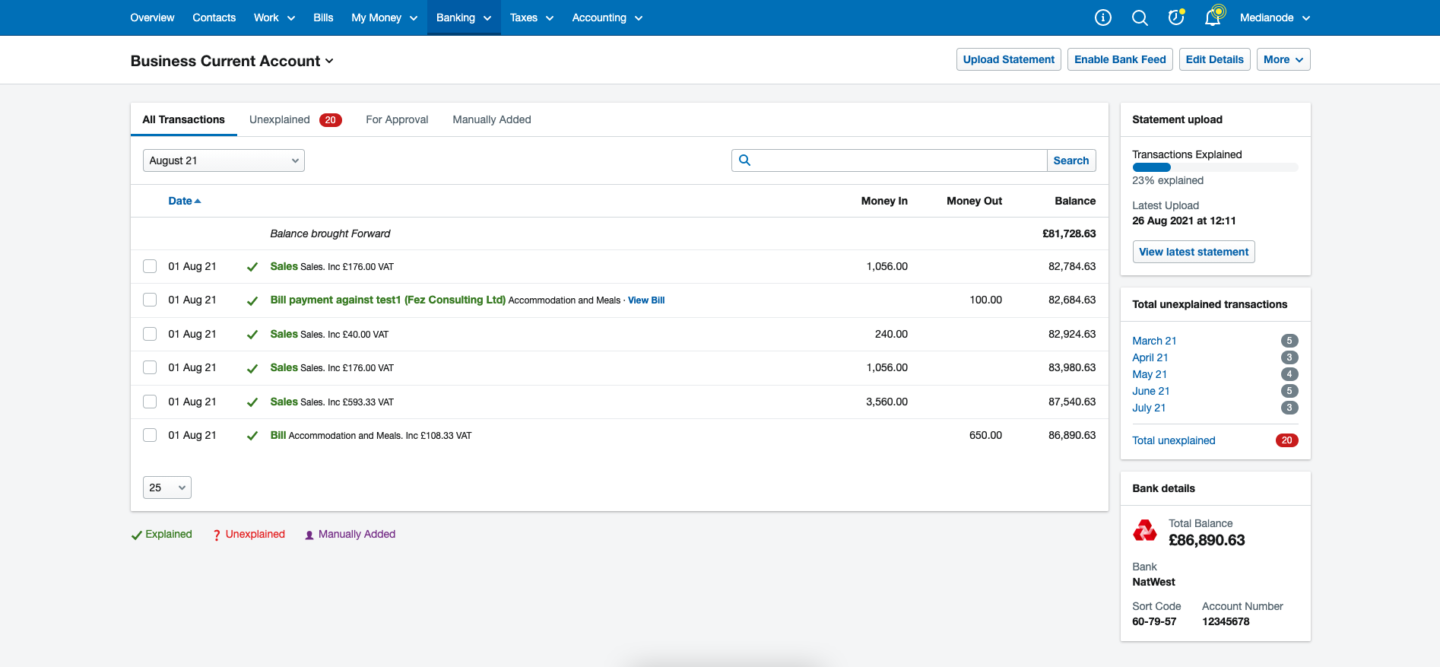 A screenshot of reconciling transactions in the FreeAgent banking area