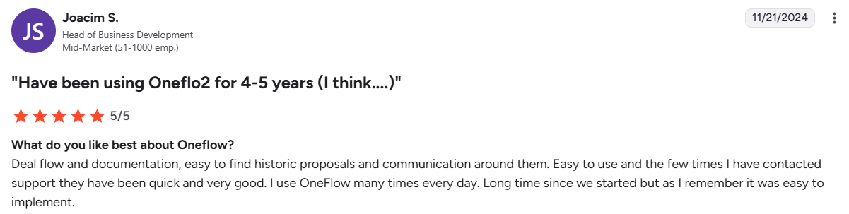 Oneflow customer review