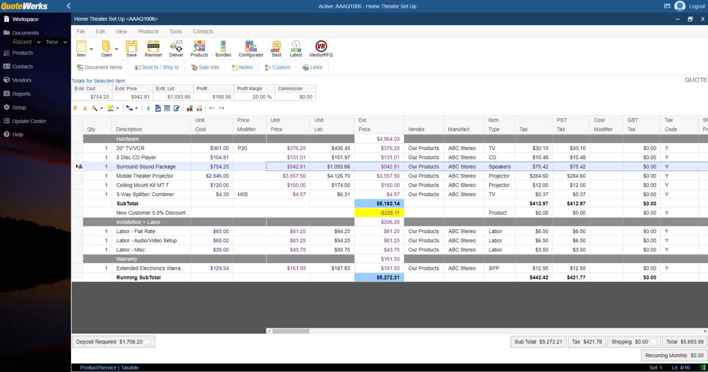 A screenshot of a working document inside QuoteWerks, a sales quoting software tool