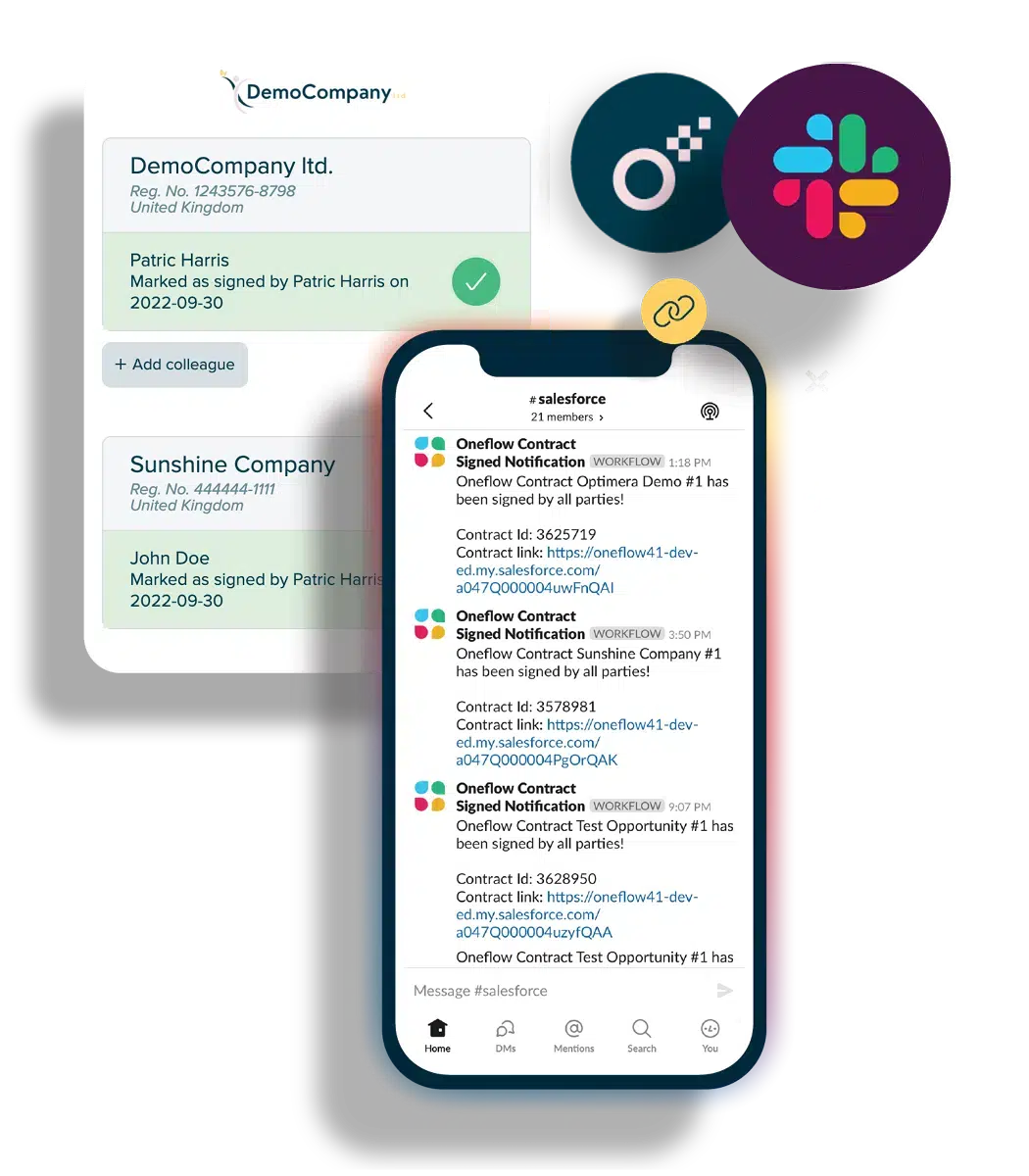 A screenshot of the Salesforce and Oneflow Slack integration