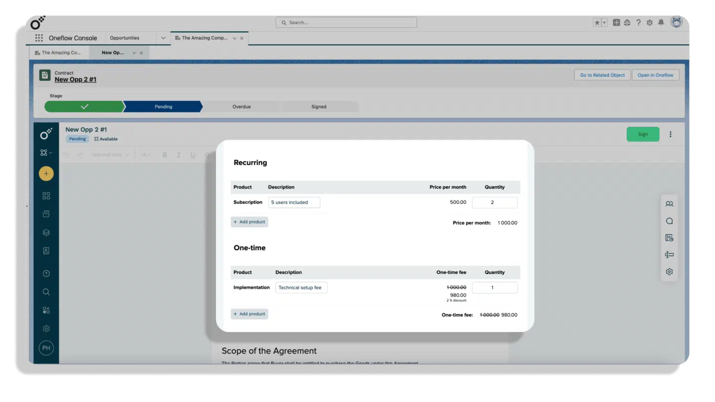Salesforce digital signature: Salesforce interface showing Oneflow contract with dynamic pricing table 