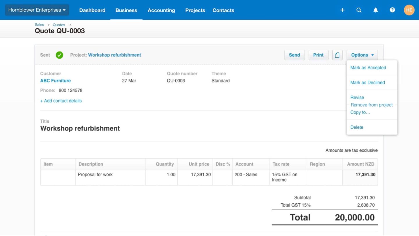 Xero accounting software quotes feature